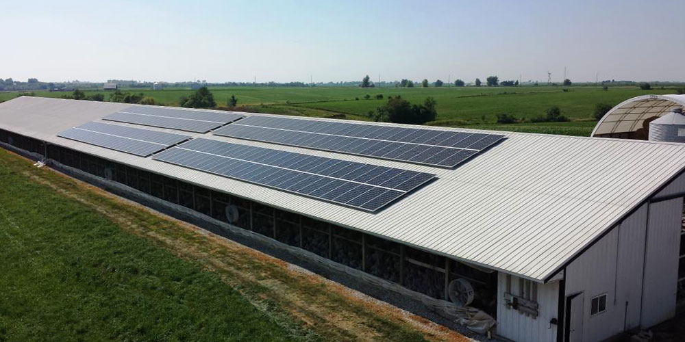 Solar panel installation on the roof of a turkey farm building in Washington, IA